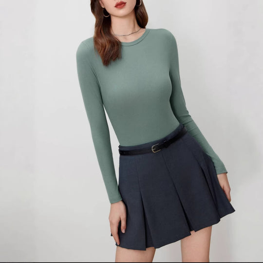 Damen Figurnahes geripptes Langarm-Basicshirt mit Rundhalsausschnitt und Stretch Shop Nory