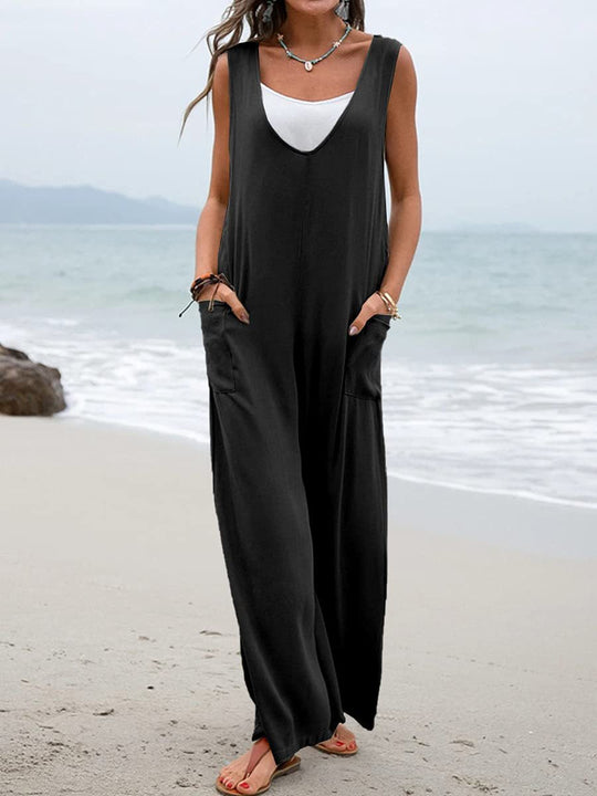 Damen Lässiger weite Jumpsuit mit V-Ausschnitt und praktischen Taschen