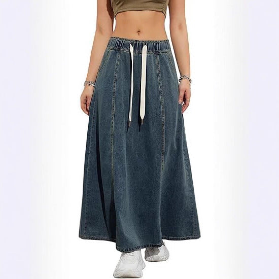 Damen Langer A-Linien Jeansrock mit elastischem Bund und Kordel Shop Nory