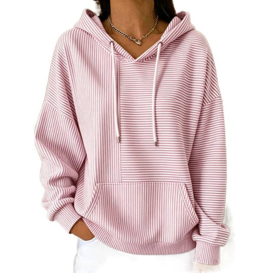 Damen Oversize Kapuzenpullover mit feinem Streifenprint, Kängurutasche und V-Ausschnitt-Kapuze Shop Nory