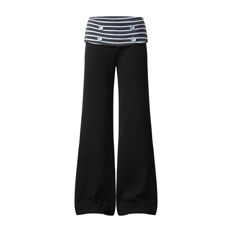 Damen Weite Loungewear-Hose mit umschlagbarem Streifenbund und Zierknöpfen Shop Nory
