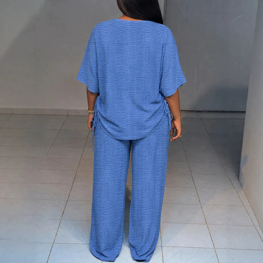 Damen Oversize-Lounge-Set mit V-Ausschnitt, seitlicher Raffung und weiter Palazzohose Shop Nory