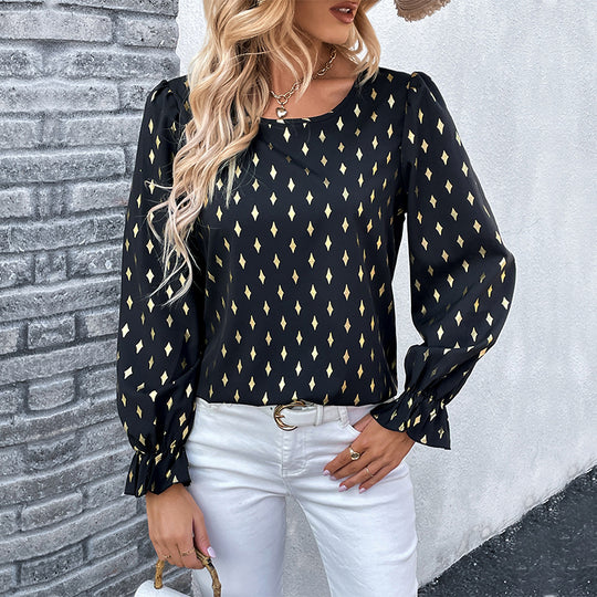 Damen Satinbluse mit Rautendruck, U-Boot-Ausschnitt und gerafften Manschetten Shop Nory
