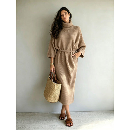Damen Midikleid aus Rippstrick mit Rollkragen, Bindegürtel und Eingrifftaschen Shop Nory