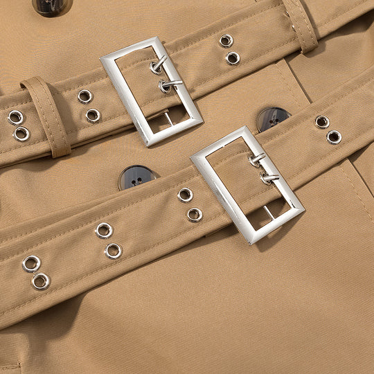 Damen Langer doppelreihiger Trenchcoat mit tailliertem Doppelgürtel, Ballonärmeln und Epauletten Shop Nory