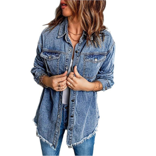 Damen Oversized Denim‑Hemdjacke mit Pattentaschen, Used‑Look und rohem Saum Shop Nory