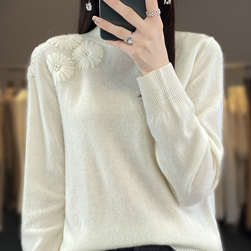 Damen Weicher Feinstrickpullover mit kurzem Stehkragen, 3D‑Blütenapplikation und gerippten Bündchen Shop Nory
