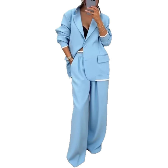 Damen Oversize-Tailoring-Set mit Kontrastpaspel, Single-Button-Blazer und hochgeschnittener Weitbeinhose Shop Nory