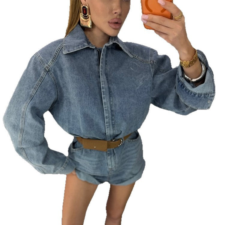 Damen Denim-Shorts-Overall mit kastigem Hemdoberteil und Taillengürtel Shop Nory