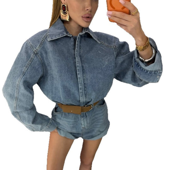 Damen Denim-Shorts-Overall mit kastigem Hemdoberteil und Taillengürtel Shop Nory