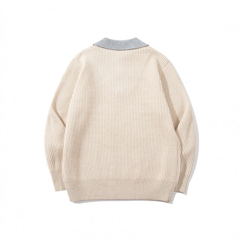 Unisex Grobstrick-Kastenpullover mit V-Ausschnitt und kontrastierendem Polo-Knopfkragen Shop Nory
