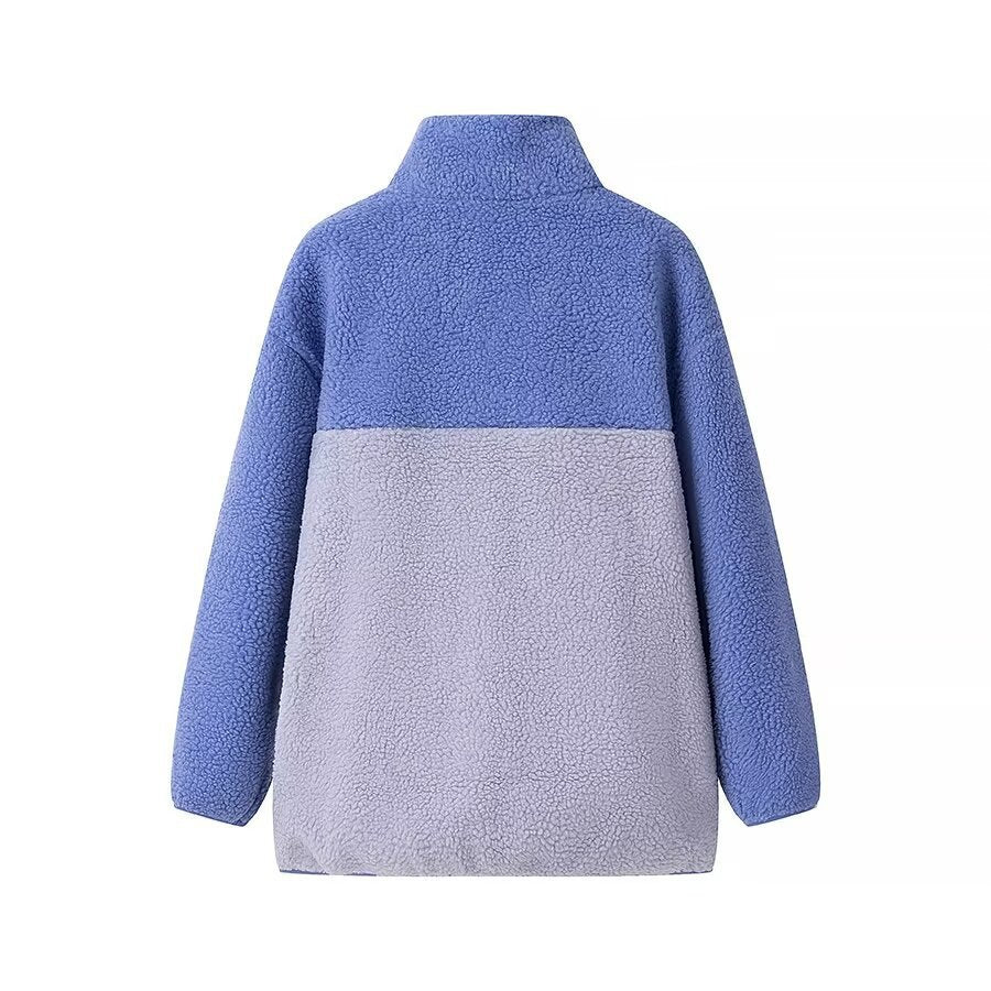 Damen Oversize Teddy-Fleecejacke mit Stehkragen, Reißverschlusstaschen und Nylon-Brusttasche Shop Nory