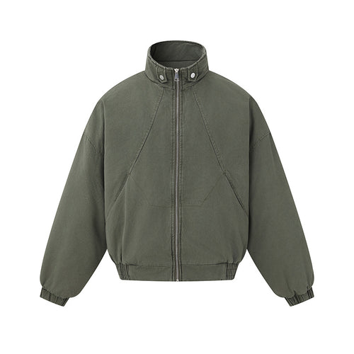 Unisex Boxy-Canvas-Blousonjacke mit hohem Stehkragen, diagonalem Nahtdesign und elastischem Saum Shop Nory