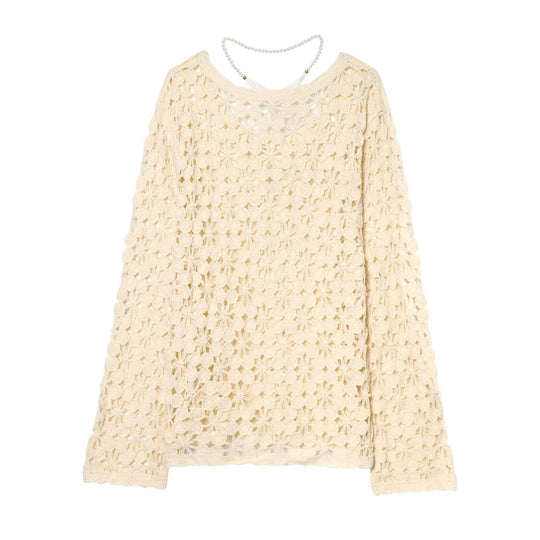 Damen gehäkelter Floralpullover mit Rundhalsausschnitt und Ajourmuster Shop Nory