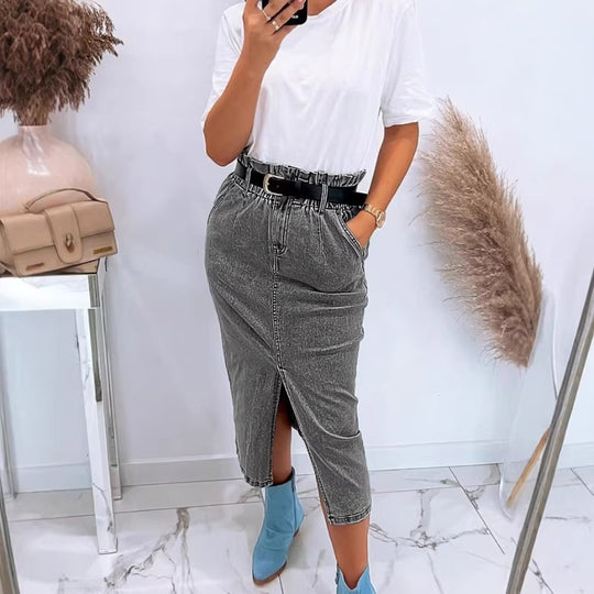 Damen Hochtaillierter Paperbag-Denim-Midirock mit Frontschlitz und Bindegürtel Shop Nory