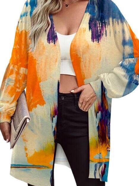 Damen Leichter Offener Longcardigan mit Federmotiv und Oversize-Ärmeln Shop Nory