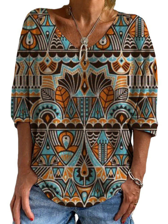 Damen Geometrische Boho-Tunika mit V-Ausschnitt und dreiviertelärmeln Shop Nory