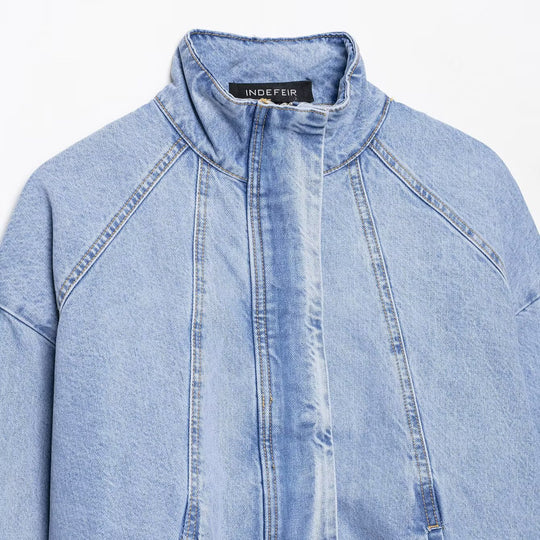 Damen Oversize Denim-Blouson mit hohem Stehkragen und elastischem Saum Shop Nory