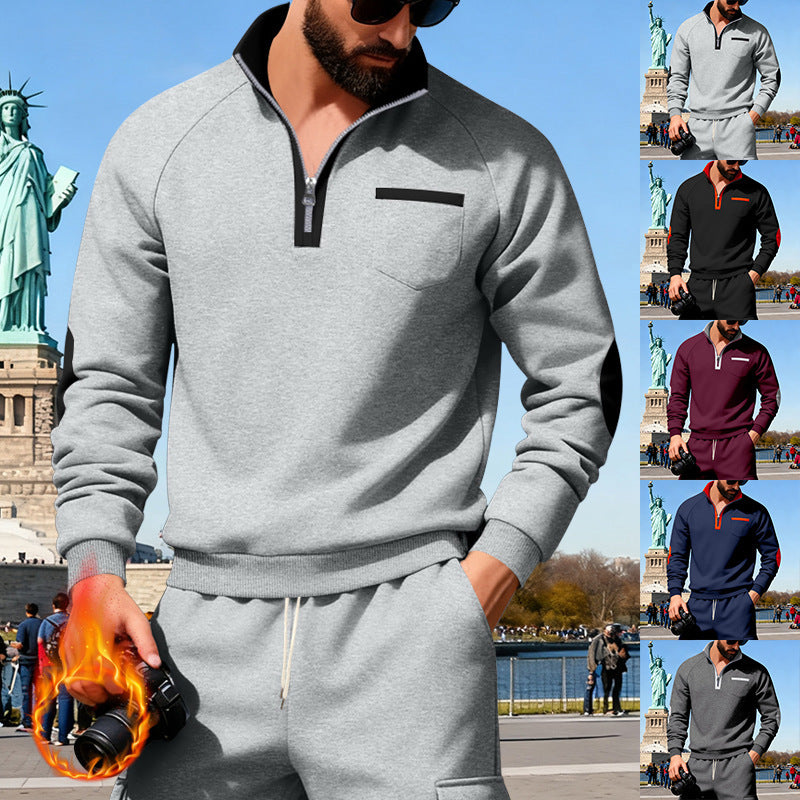 Herren nan Fleece-Quarterzip Pullover mit Brusttasche und Ellbogenpatches Shop Nory