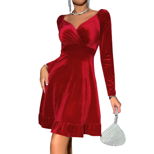 Damen Samt-Cocktailkleid mit Wickel-Bustier taillierter Empire-Passform und Volant-Saum Shop Nory