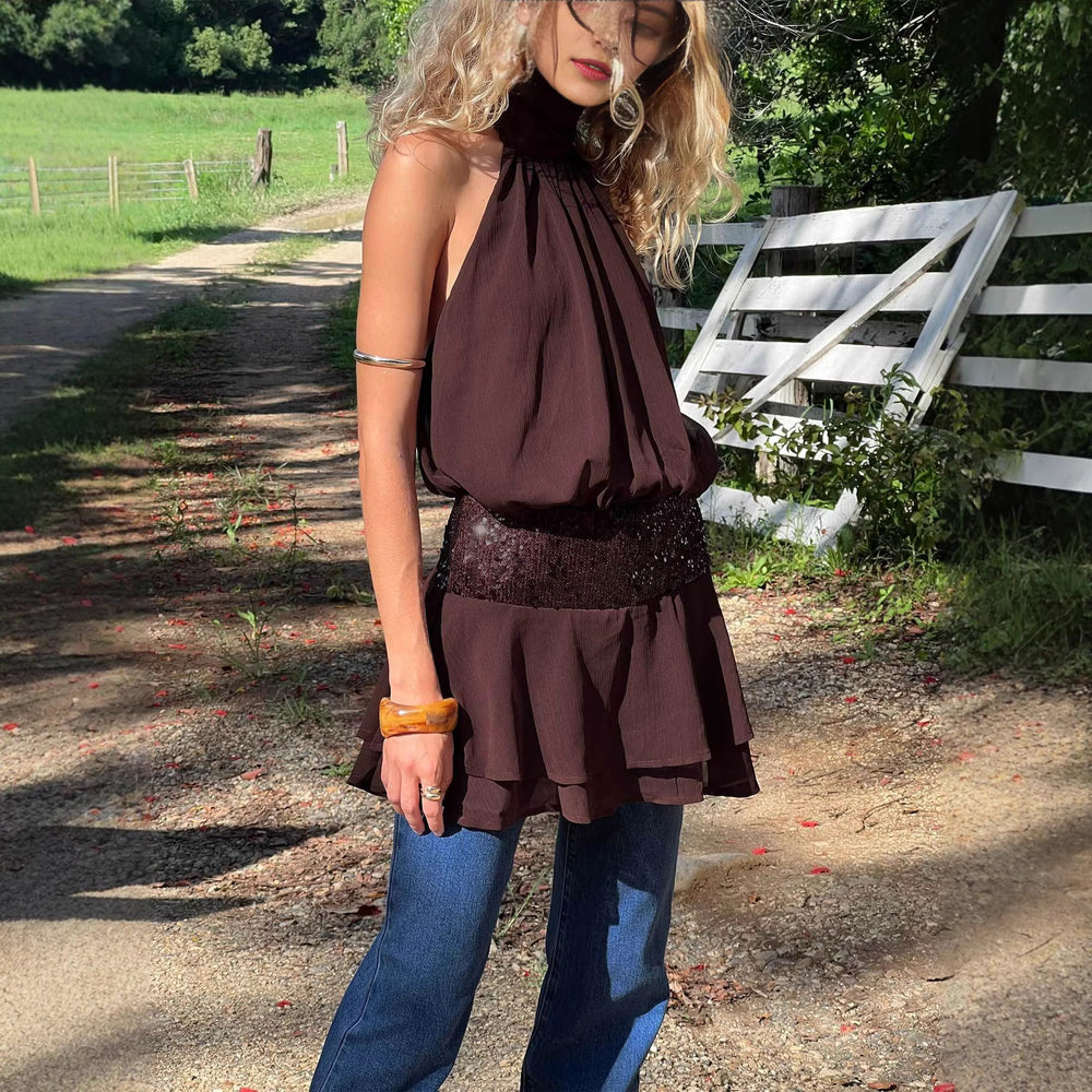 Damen Neckholder Minikleid mit glitzerndem Taillenband und voluminösen Rüschendetails Shopnory