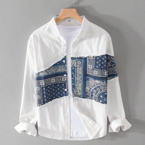 Herren Patchwork-Hemdjacke mit Bandana-Einsatz, rohen Kanten und weiter Passform Shop Nory