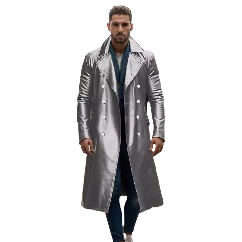 Herren Langer glänzender Kunstleder-Trenchcoat mit Doppelreiher und markantem Revers Shop Nory