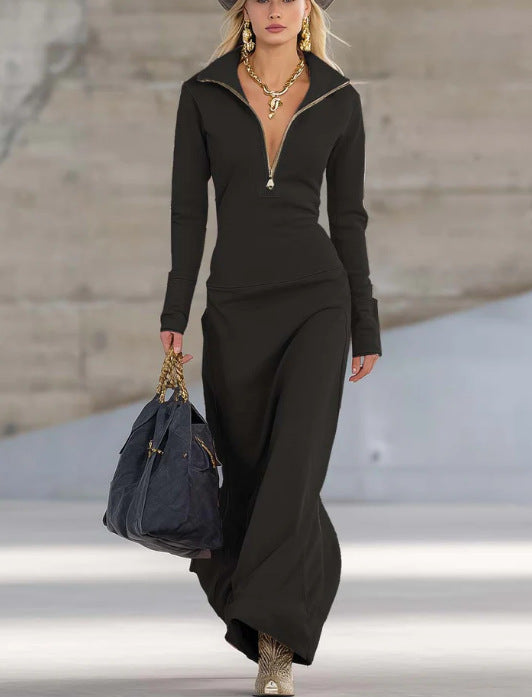 Damen Elegantes Jersey-Maxi-Kleid mit Halbzip-Kragen, taillierter Silhouette und fließendem Rock Shop Nory