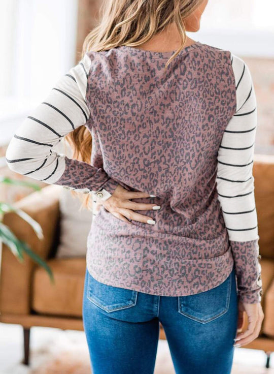 Damen Lässiges Streifen‑Langarmshirt mit Knopfmanschetten und Leo‑Kontrast Shop Nory