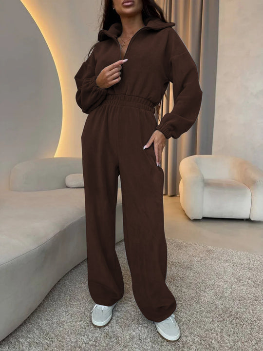 Damen eleganter Lounge-Overall mit elastischer Taillenpartie, Stehkragen, Reißverschluss und weitem Bein Shop Nory