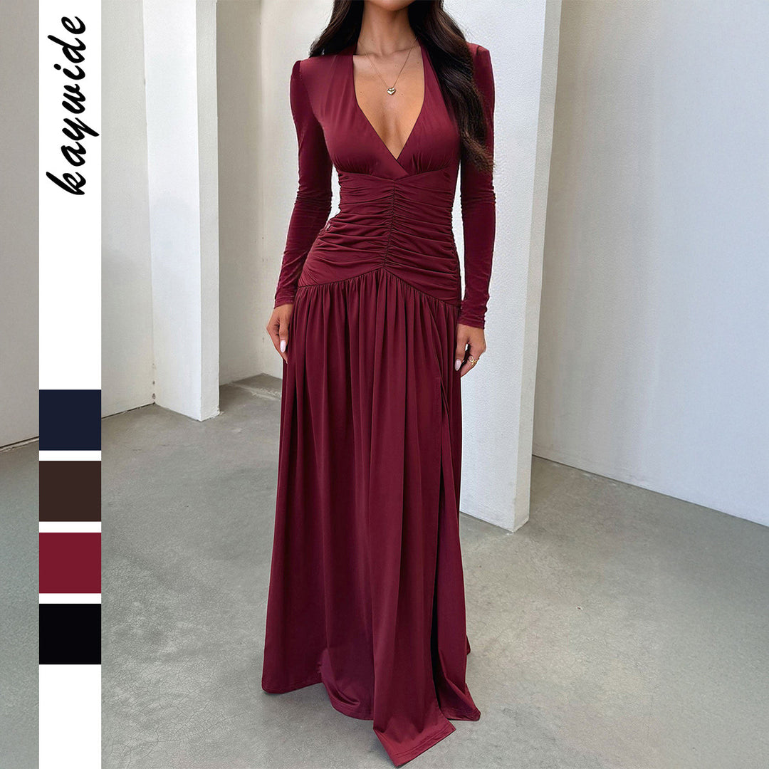 Damen nan elegantes Abendkleid mit gerafftem Wickeloberteil, hohem Beinschlitz und Samtärmeln Shop Nory