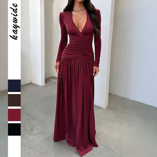 Damen nan elegantes Abendkleid mit gerafftem Wickeloberteil, hohem Beinschlitz und Samtärmeln Shop Nory