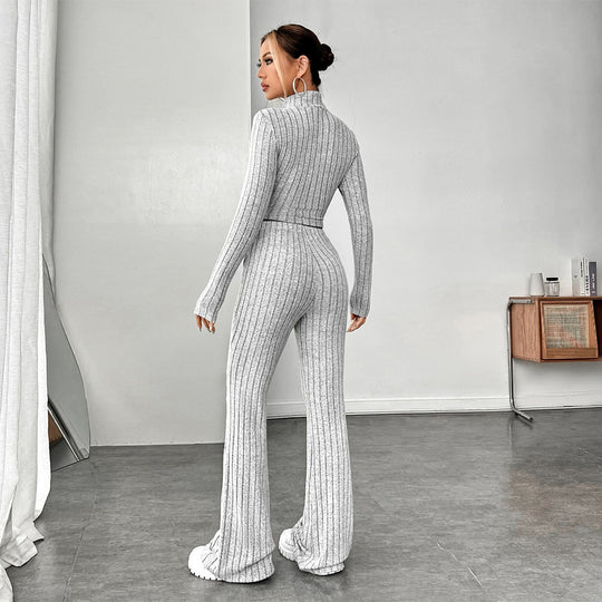 Damen geripptes Strick-Lounge-Set mit Rollkragen-Cropped und weiter Schlaghose Shop Nory