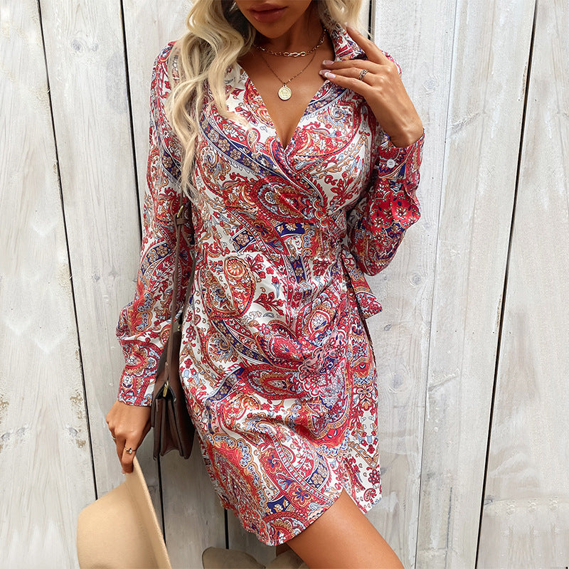 Damen Wickelkleid mit Paisley-Print, Hemdkragen und Taillenband Shop Nory
