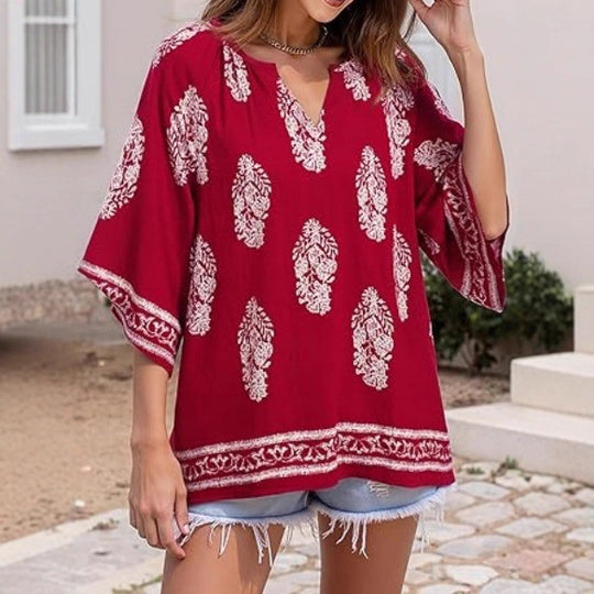 Damen Lockeres Strand-Tunika-Oberteil mit V‑Ausschnitt und Boho‑Print Shop Nory