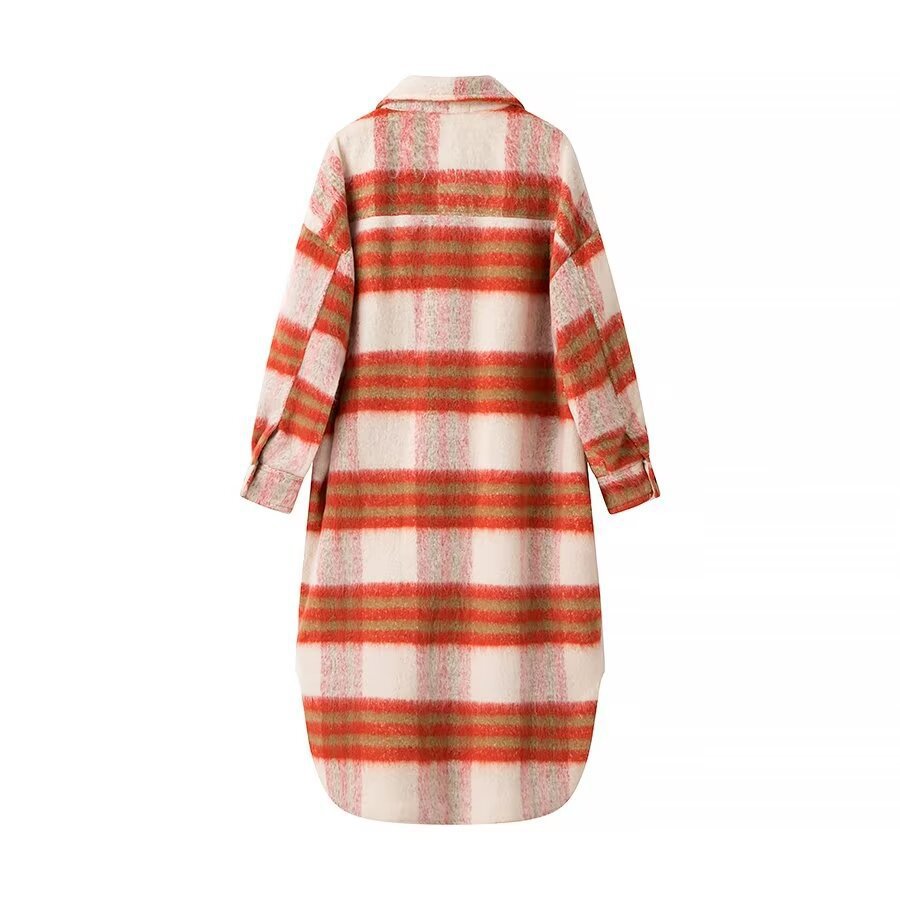 Damen Langer karierter Teddy‑Mantel in Shirtjacken‑Optik mit Hemdkragen und aufgesetzten Taschen Shop Nory