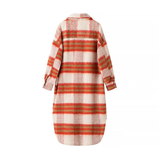 Damen Langer karierter Teddy‑Mantel in Shirtjacken‑Optik mit Hemdkragen und aufgesetzten Taschen Shop Nory