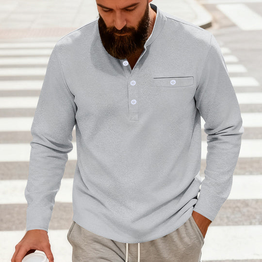 Herren Lässiges Henley-Langarmshirt mit Stehkragen, Brusttasche und abgerundetem Saum Shop Nory