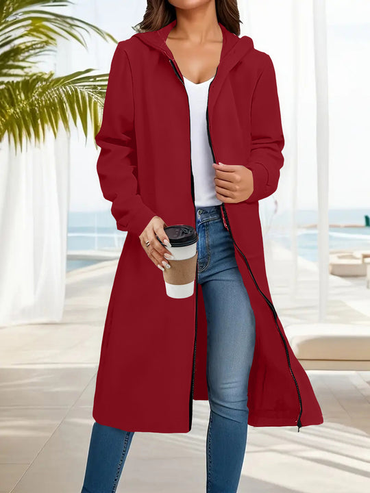 Damen Langer Kapuzen‑Mantel mit durchgehendem Reißverschluss und legerer A‑Linie Shop Nory