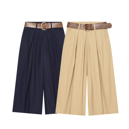 Damen Hochtaillierte Culotte-Hose mit weitem Bein, Kellerfalten und Rundbuckel-Gürtel Shop Nory