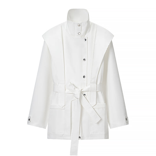 Damen Taillierte Übergangsjacke mit Stehkragen, Schultercape und Bindegürtel Shop Nory