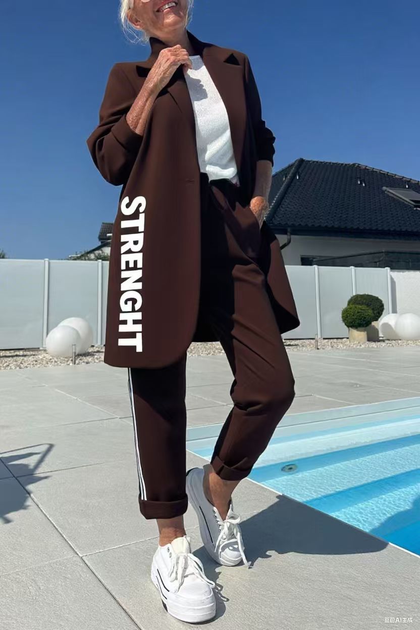 Length Letter Printed Trenchcoat und Hose Zweiteiler Satz