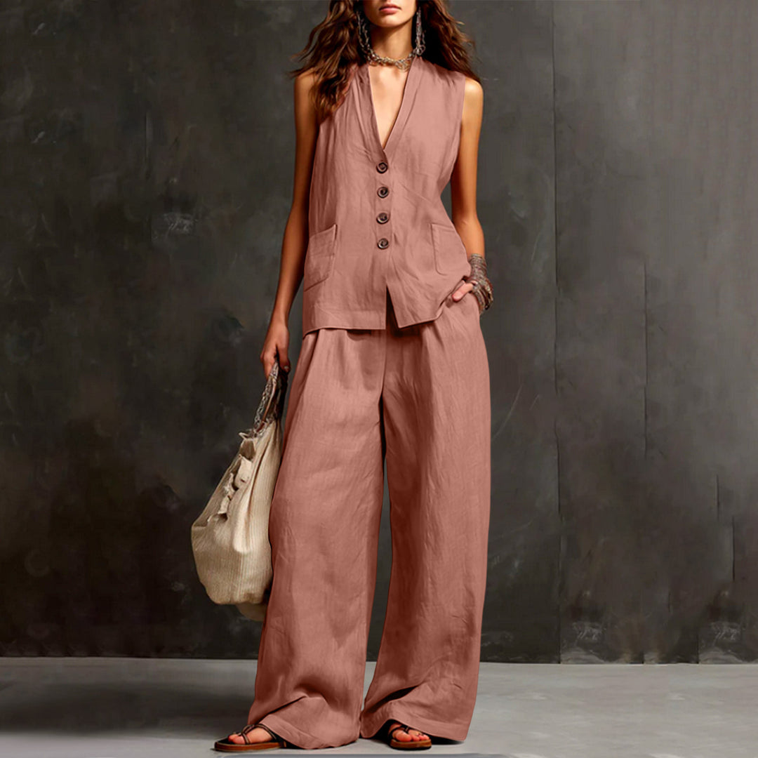 Damen Ärmelloses Longline-Westen und Palazzo-Hosen Set aus Leinenoptik Shop Nory