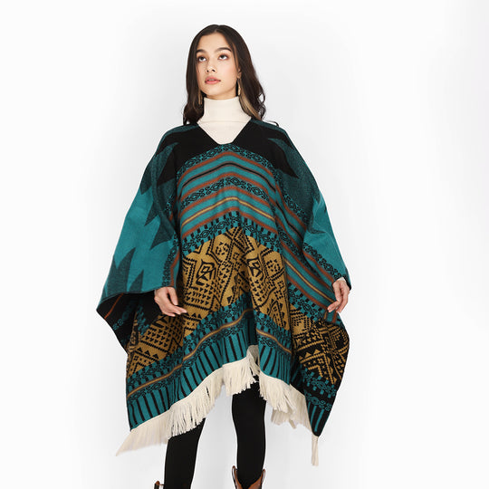 Damen Jacquard‑Ruana im Deckenstil mit V‑Ausschnitt, geometrischem Ethno‑Muster und Fransensaum Shop Nory