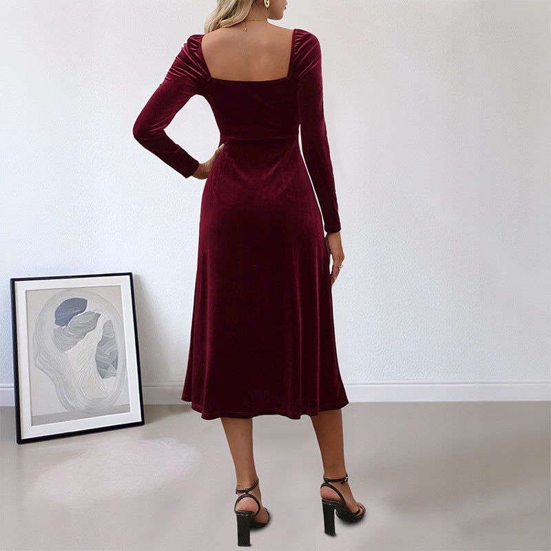 Damen Samt-Midikleid mit herzförmigem Ausschnitt, taillierter Silhouette und Langarm Shop Nory