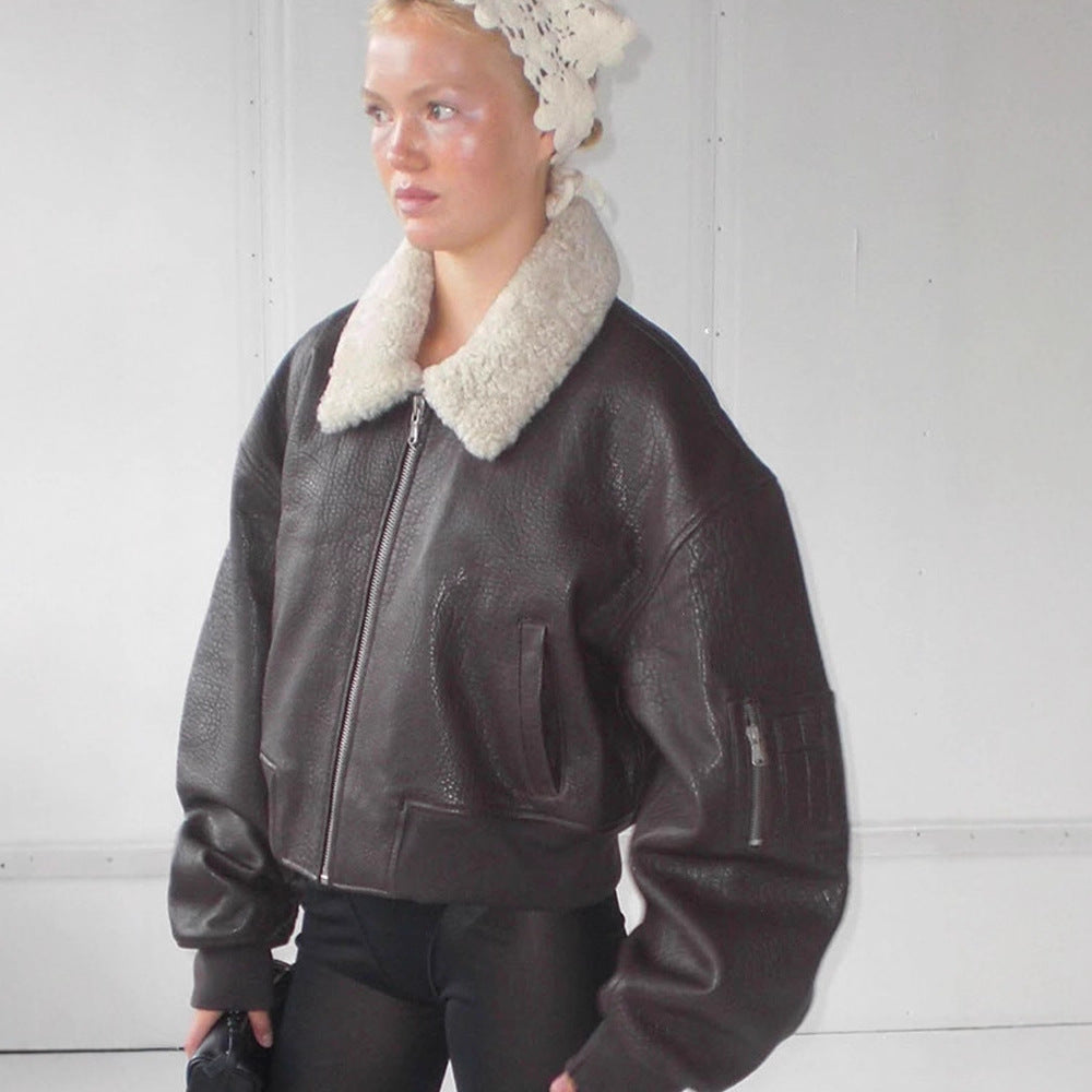 Damen Oversized Fliegerjacke im Biker-Bomber-Stil mit Teddykragen Shop Nory