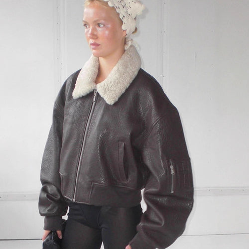 Damen Oversized Fliegerjacke im Biker-Bomber-Stil mit Teddykragen Shop Nory