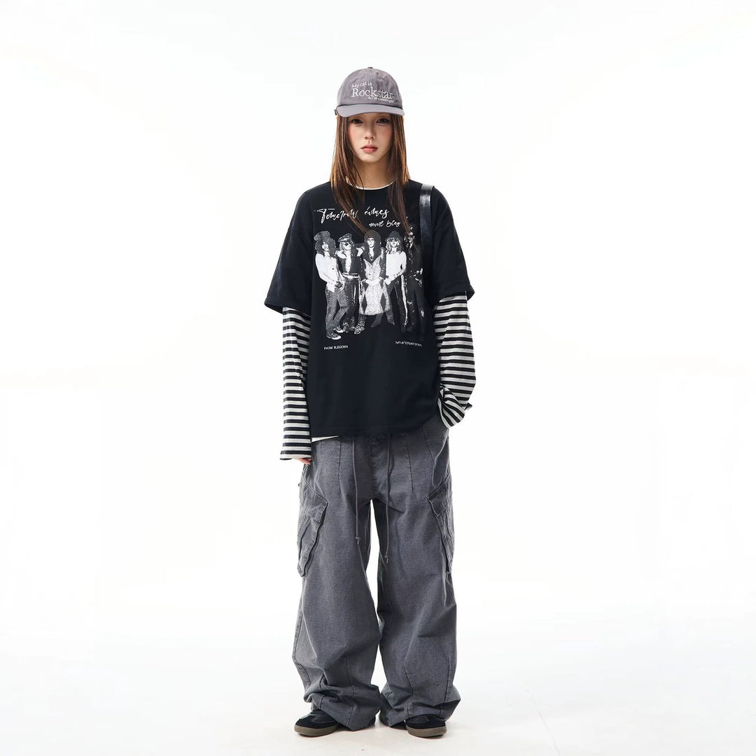 Damen Lässiges Oversized T-Shirt mit gestreiften Ärmeln Shop Nory