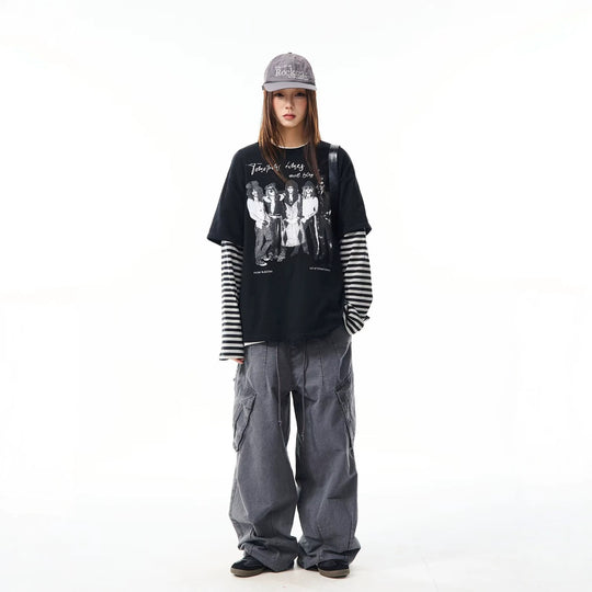 Damen Lässiges Oversized T-Shirt mit gestreiften Ärmeln Shop Nory