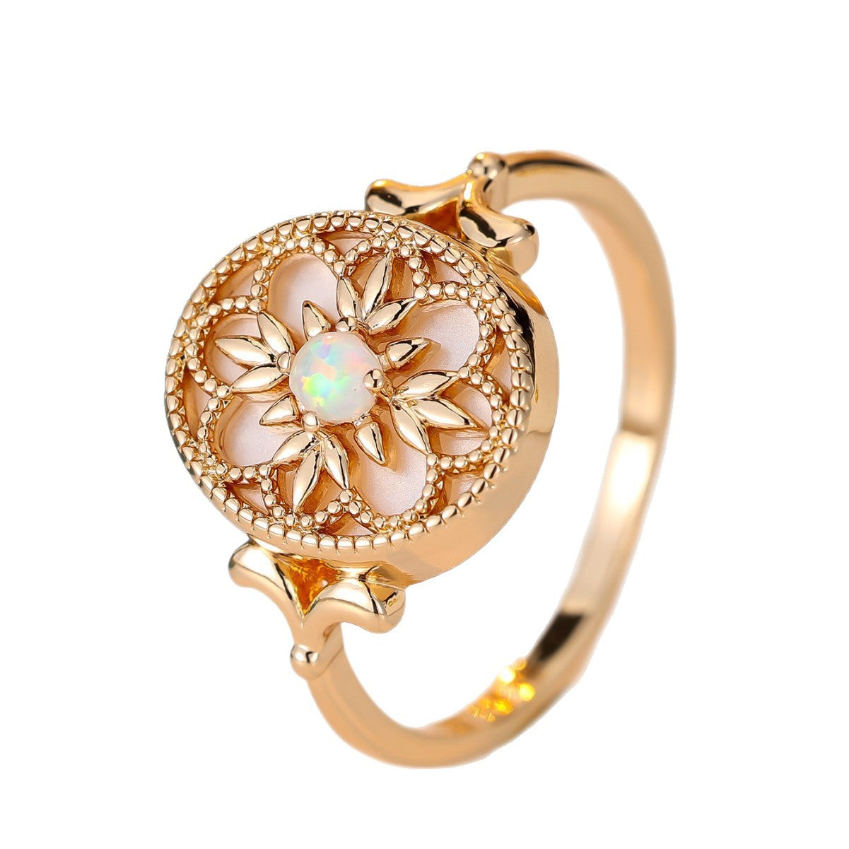 Damen Schmuckring mit filigraner Blütenstruktur und schimmerndem Opal Shop Nory